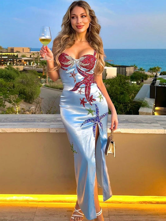 Ariella Satin Rhinestone Starfish Maxi Dress