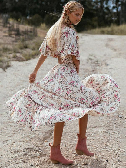Bohemian Deep V Collar Tie With Back-To-Back Retro-Printed Large Irregular Dress