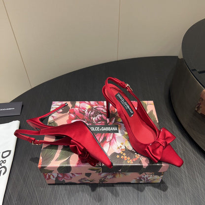 DG Bow Slingbacks 10cm High Heel Red Silk