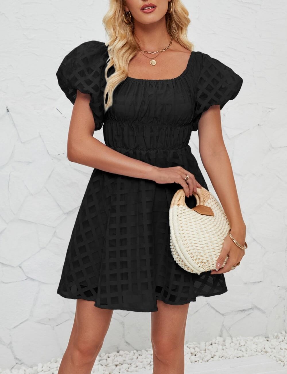 Off Shoulder Puff Sleeves Pleated Mini Dress