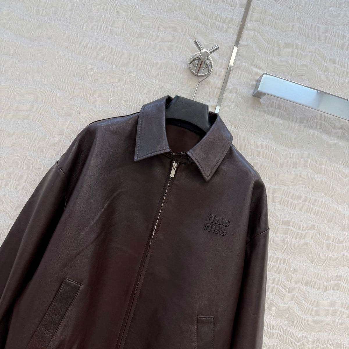 Miu SS26 Nappa Leather Blouson Jacket Marrone Lambskin 348080