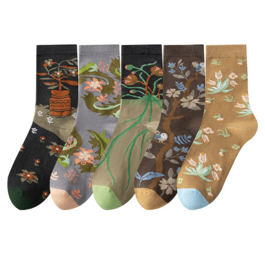 Rufia - Vintage Artistic Floral Mid-calf Socks - 5 Retro Colors