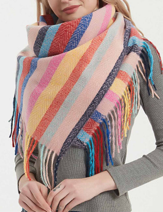 Winter Color Block Striped Tassel Square Scarf