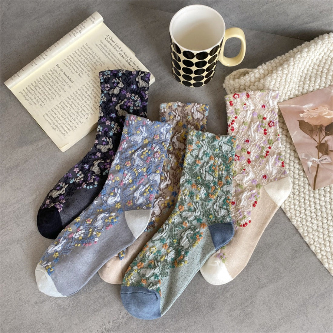 Rufia - Vintage Style Embossed Little Bunny Pattern Mid-Calf Socks