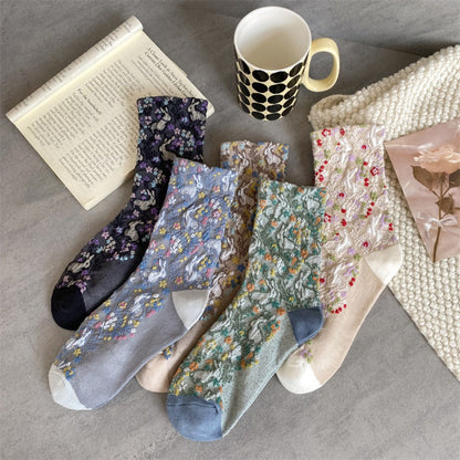 Rufia - Vintage Style Embossed Little Bunny Pattern Mid-Calf Socks