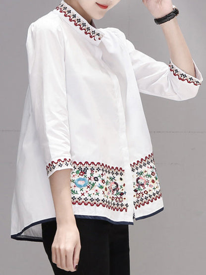 High-Low Loose Embroidered Multi-Colored Blouses&Shirts Tops