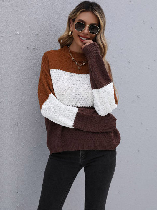 Simple Loose Contrast Color Striped Round-Neck Sweater