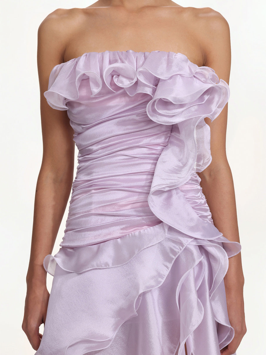 Ivy Flowy Strapless Asymmetric Ruffle High Slit Maxi Dress
