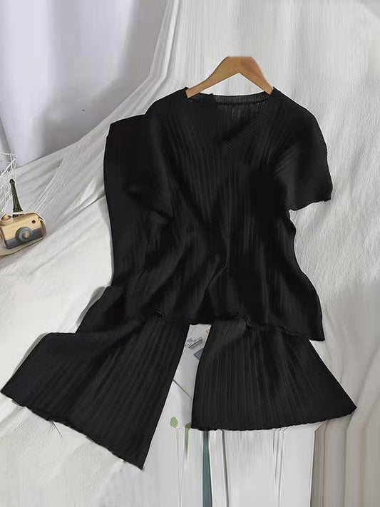 Loose Raglan Sleeve Solid Color V-Neck Sweater Top + Pants Two Pieces Set