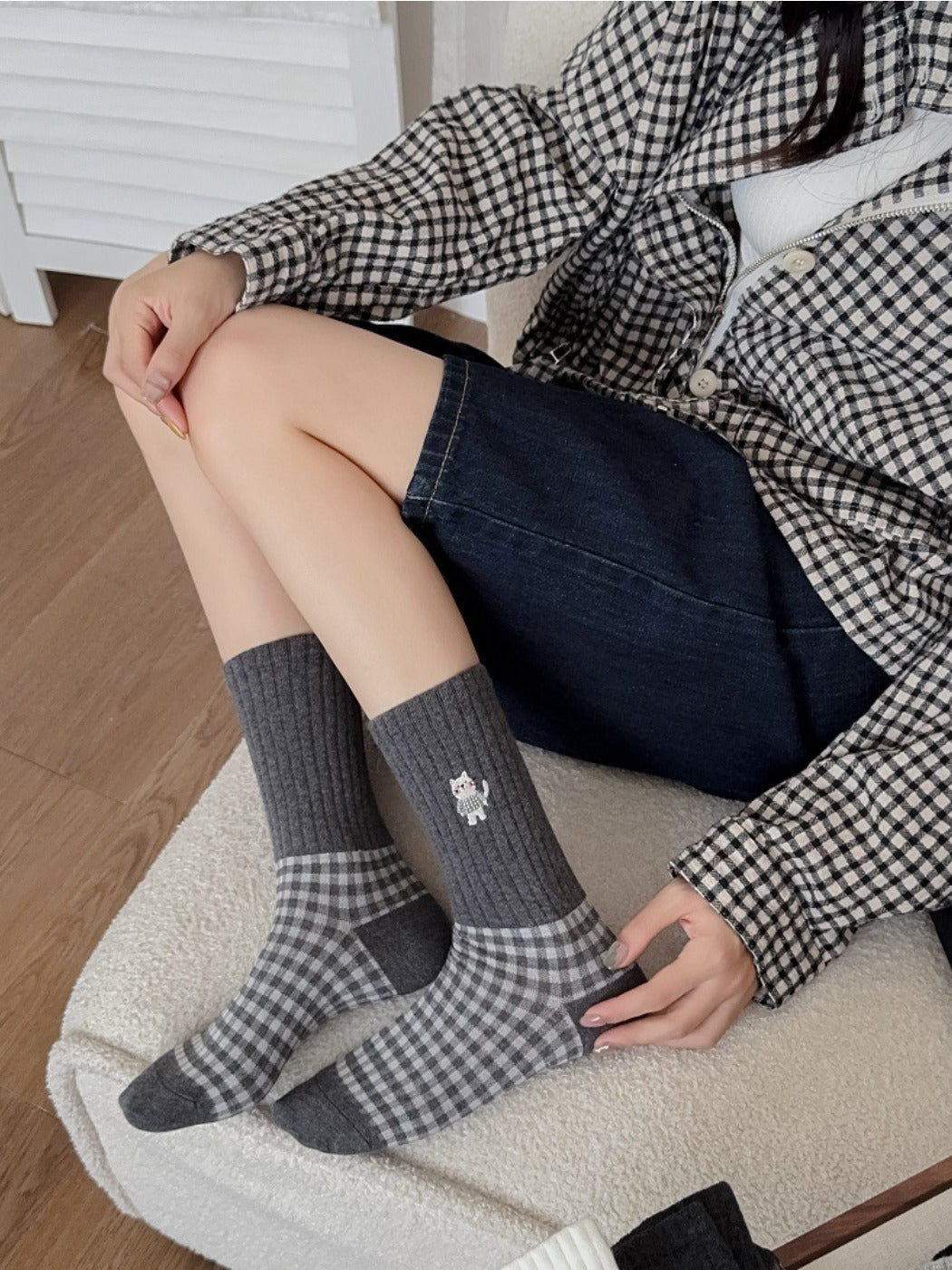 Rufia - Cute Cat Embroidery Plaid Socks for Women