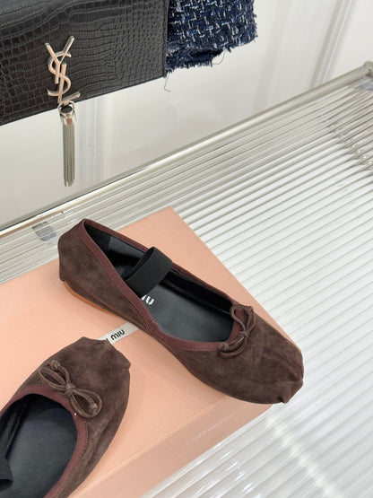 Miu Classic Bow Letter Ballet Flat Dark Brown Suede