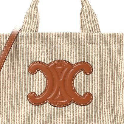 Canvas Calfskin Striped Triomphe Small Cabas Beige