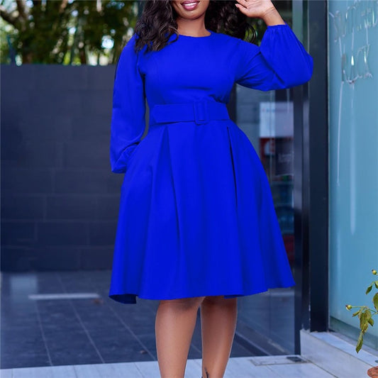 Solid Color Long Sleeve Round Neck Dress With Belt