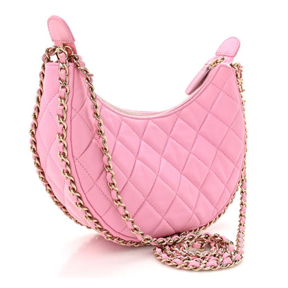 Lambskin Quilted Small Hobo Bag Pink
