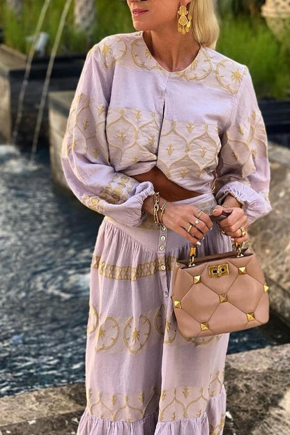 Mustard Yellow Printed Horizontal Long Sleeve Cropped Top
