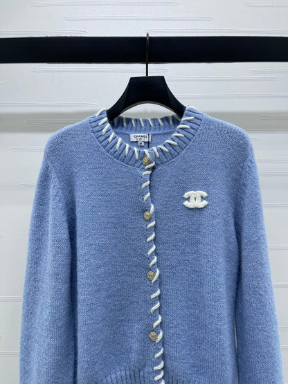 CC 26s Crochet-Trimmed Crew Neck Cardigan Blue Knit 343630