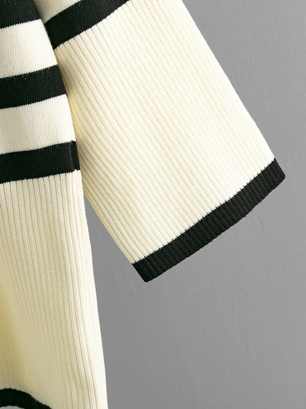 Long Sleeves Loose Contrast Color Split-Joint Striped Patterns High Neck Sweater Tops