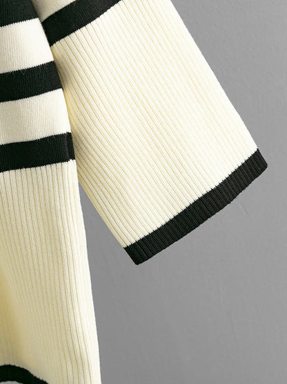 Long Sleeves Loose Contrast Color Split-Joint Striped Patterns High Neck Sweater Tops