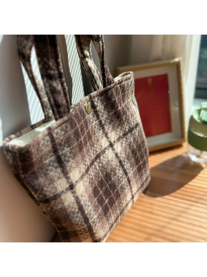 Cosbai - Vintage Canvas Shoulder Bag with Plaid Patterns