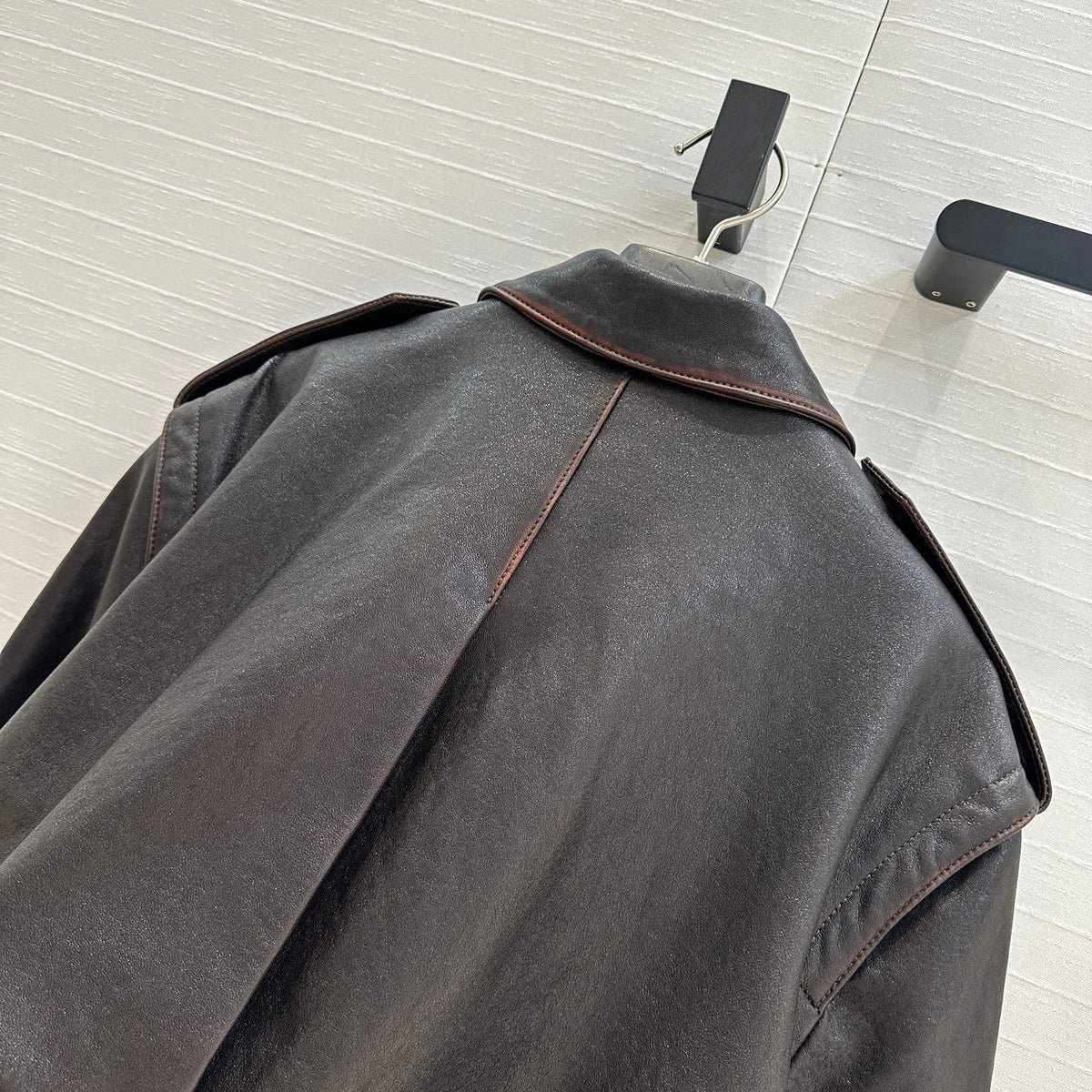 YSL Right-angle Shoulder Silhouette Jacket Black Brown Lambskin