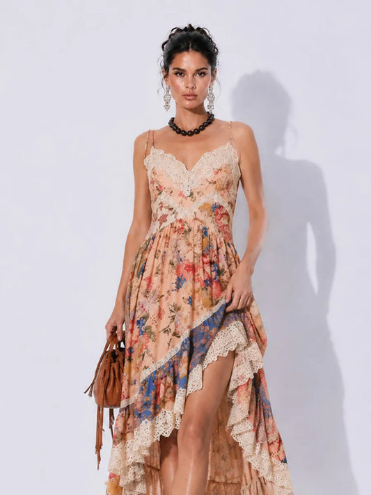 Danika Printed Patchwork Lace Asymmetric Midi Dress