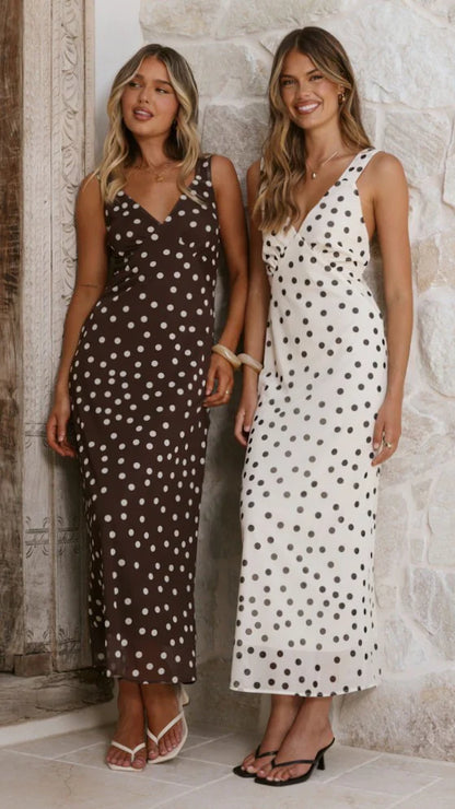Cassara Maxi Dress - White / Black Polka Dot