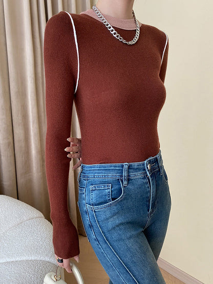 Long Sleeves Skinny Contrast Color Split-Joint Round-Neck Pullovers Sweater Tops