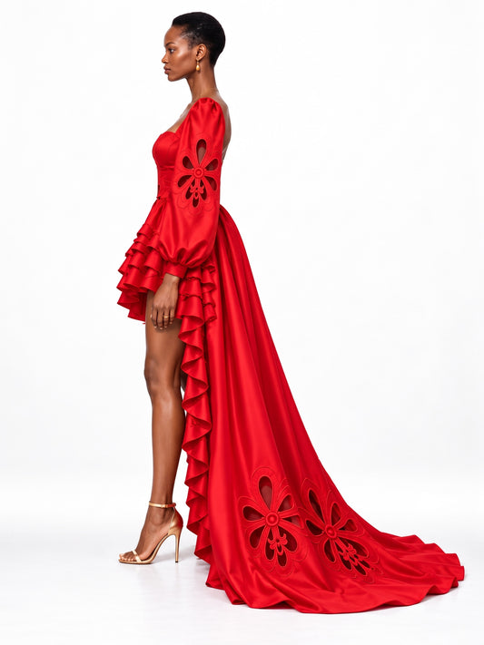 Maya Floral Cutout Detail Puff Sleeve Maxi Dress In Red
