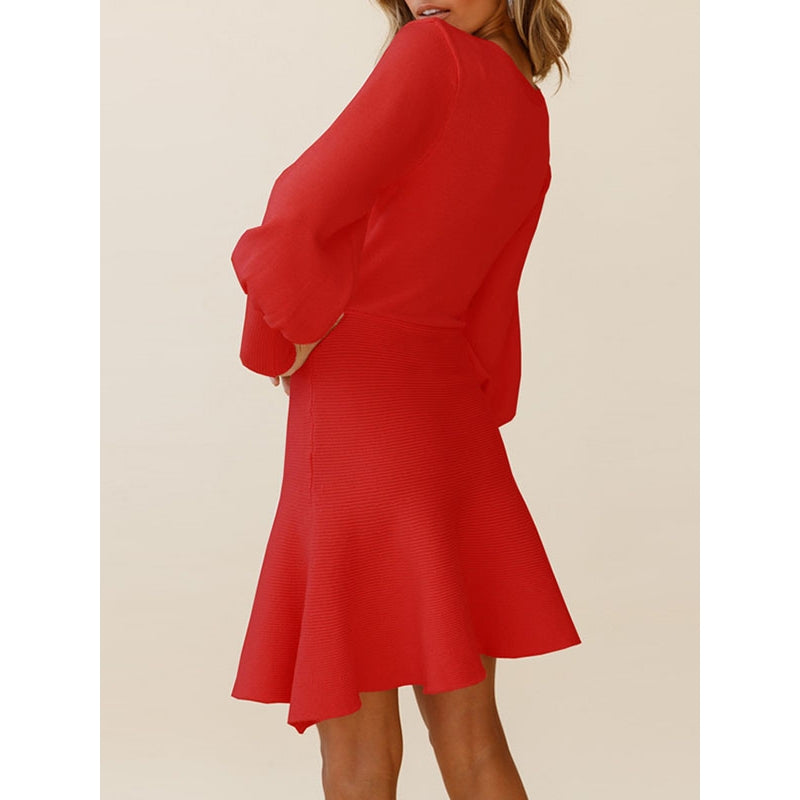 Puff Sleeves Wrap Solid Color Round-Neck Mini Dresses