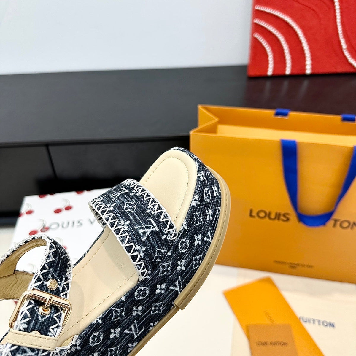 LV Maya Platform Sandals 6cm Blue Denim Beige Cowhide 572500