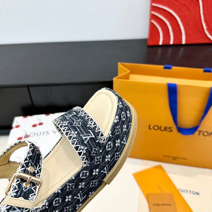 LV Maya Platform Sandals 6cm Blue Denim Beige Cowhide 572500