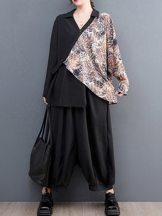 Long Sleeves Loose Contrast Color Printed Split-Joint Leopard Polo Blouses&Shirts Tops + Ninth  Culotte