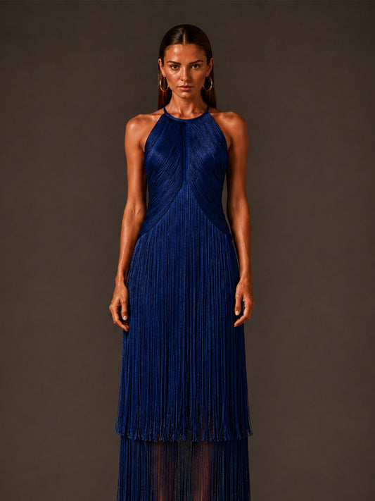 Camilla Sleeveless Bandage Midi Dress with Fringes In Blue
