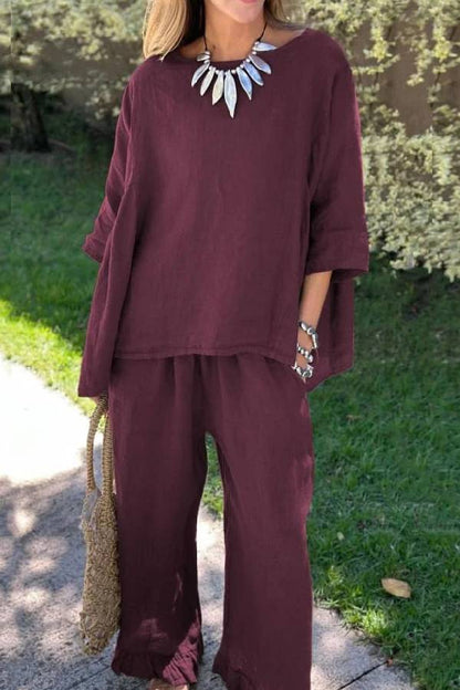 Casual Solid Color Loose Top \u0026 Pants Cotton Linen Two-piece Set