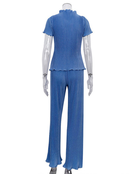 Simple Solid Color High-Neck T-Shirt Top&Wide Legs Pants 2 Pieces Set