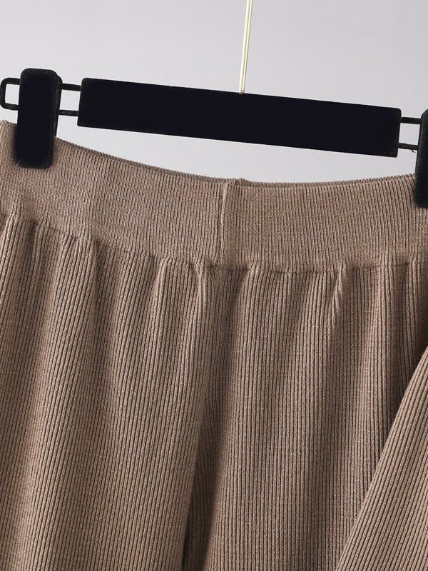 Casual Long Sleeves Irregularity Split-Front Round-Neck Sweater Tops & Wide Leg Pants Two Pieces Set