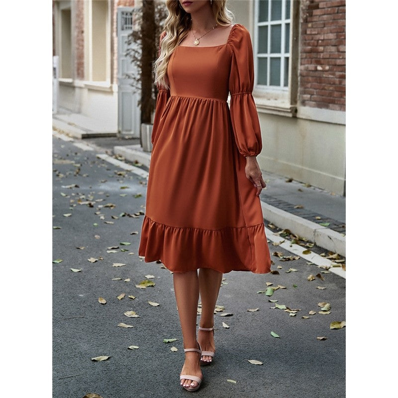 Solid Color Square Neck Ruffle Skirt Waisted Long-Sleeved Dress