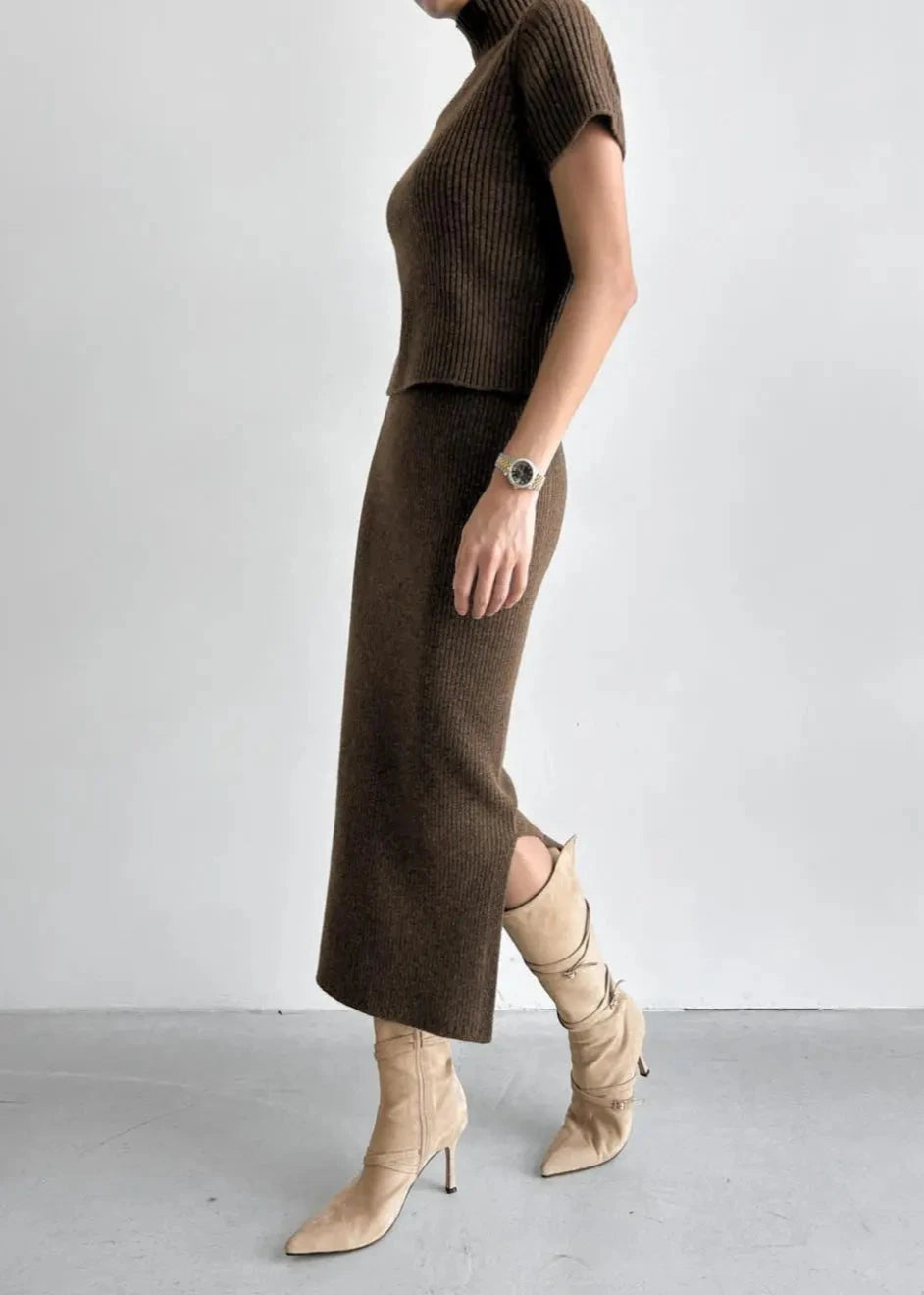Two Piece Knit Set With Mock Neck And Skirt