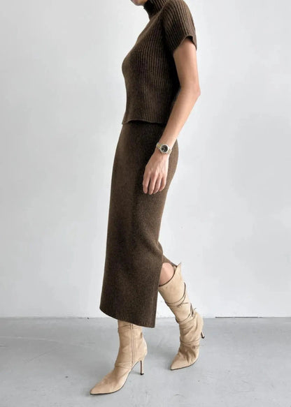 Two Piece Knit Set With Mock Neck And Skirt