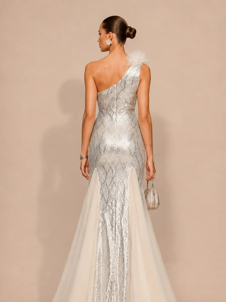 Juliette Elegant Contour One Shoulder Sequin Maxi Dress