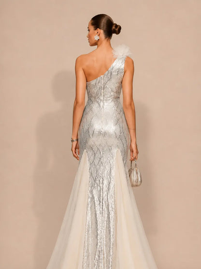 Juliette Elegant Contour One Shoulder Sequin Maxi Dress
