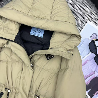 Prada 2025 Drawstring Waist Hooded Jacket Beige Down Polyester