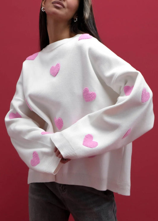 Cozy Knit Sweater With Embroidered Hearts