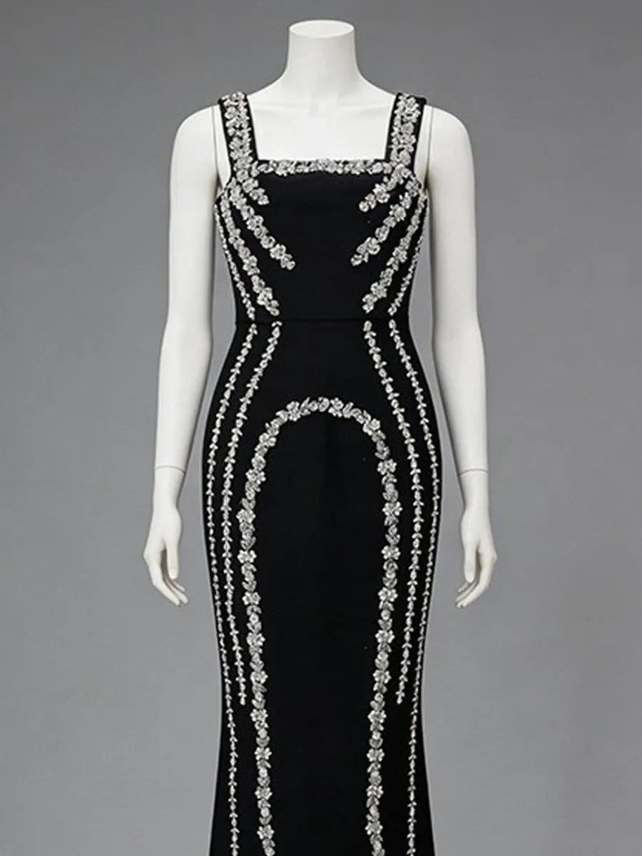 Bianca Elegant Strappy Rhinestone Fishtail Maxi Dress
