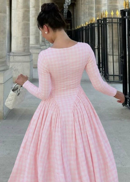 Long Sleeve Midi Dress Lightweight Pink Gingham