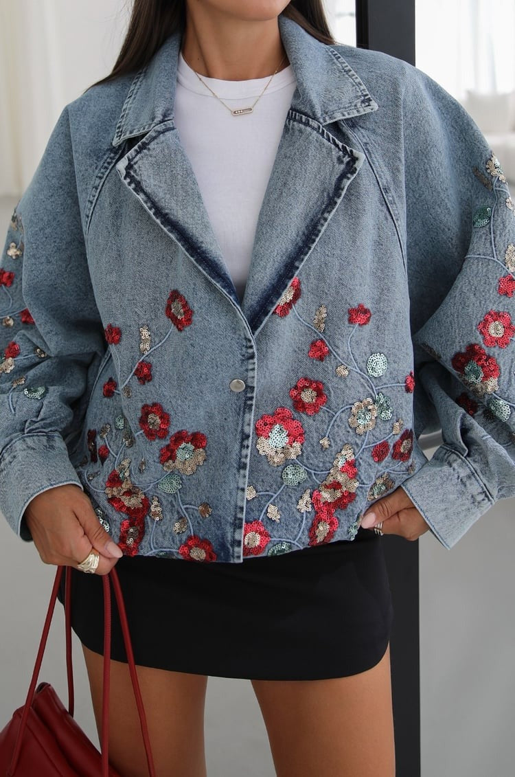 Liora Floral Sequin Denim Jacket In Light Blue