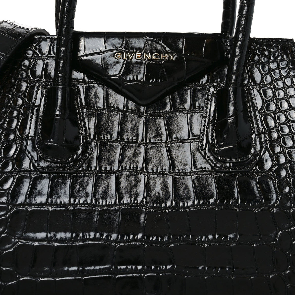 Calfskin Crocodile Embossed Small Antigona Black