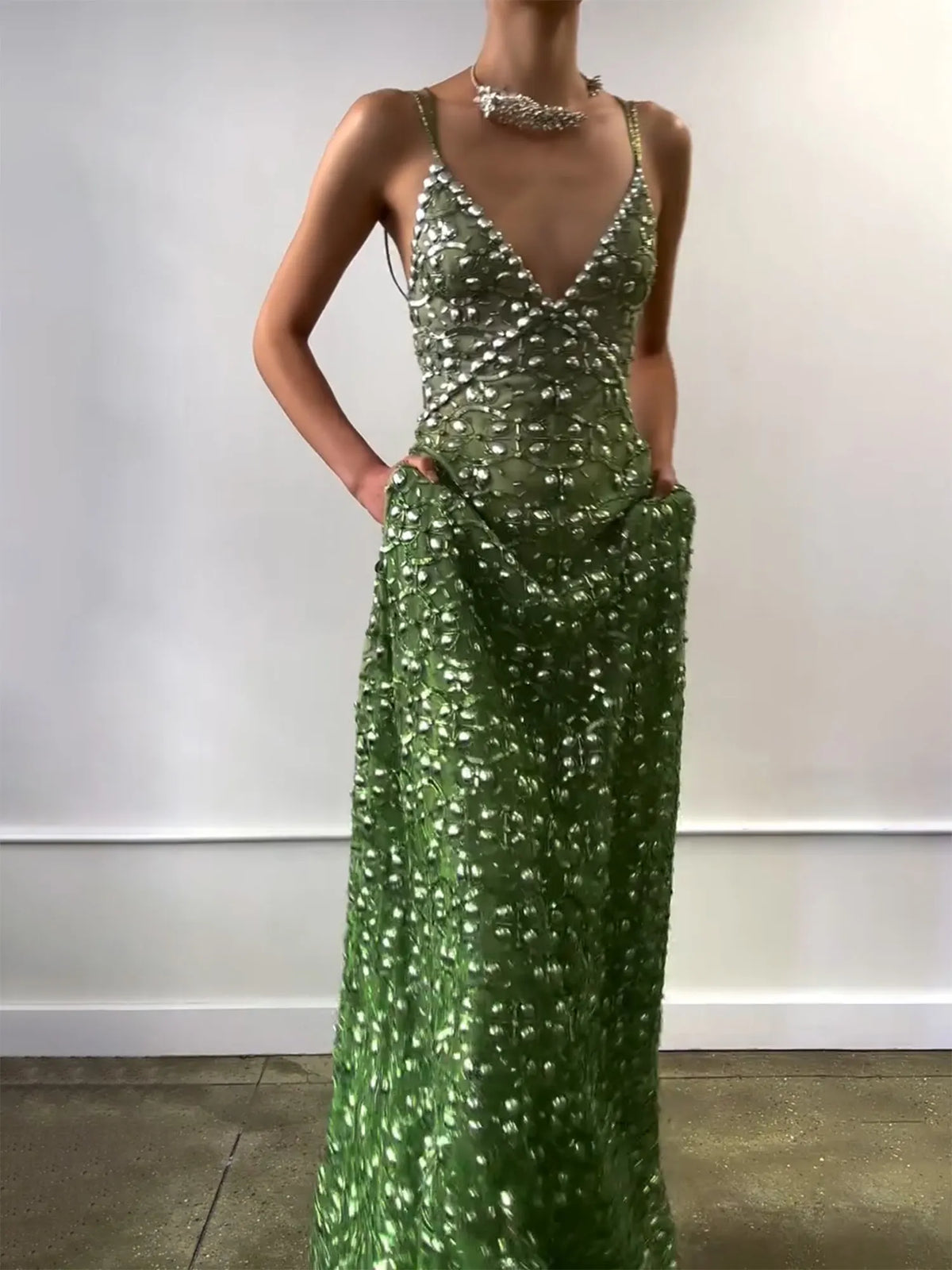 Ivy Rhinestone Deep-V Maxi Dress