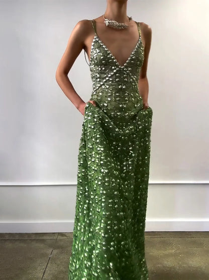 Ivy Rhinestone Deep-V Maxi Dress
