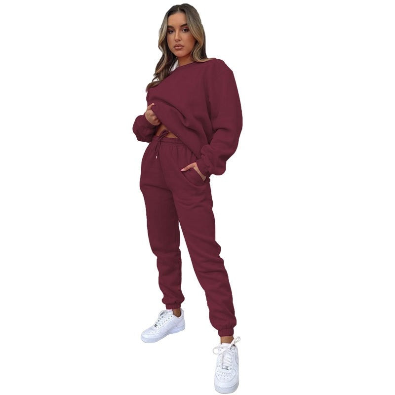 Women's Solid Color Hoodie Sweatsuit Round Neck Long Sleeve